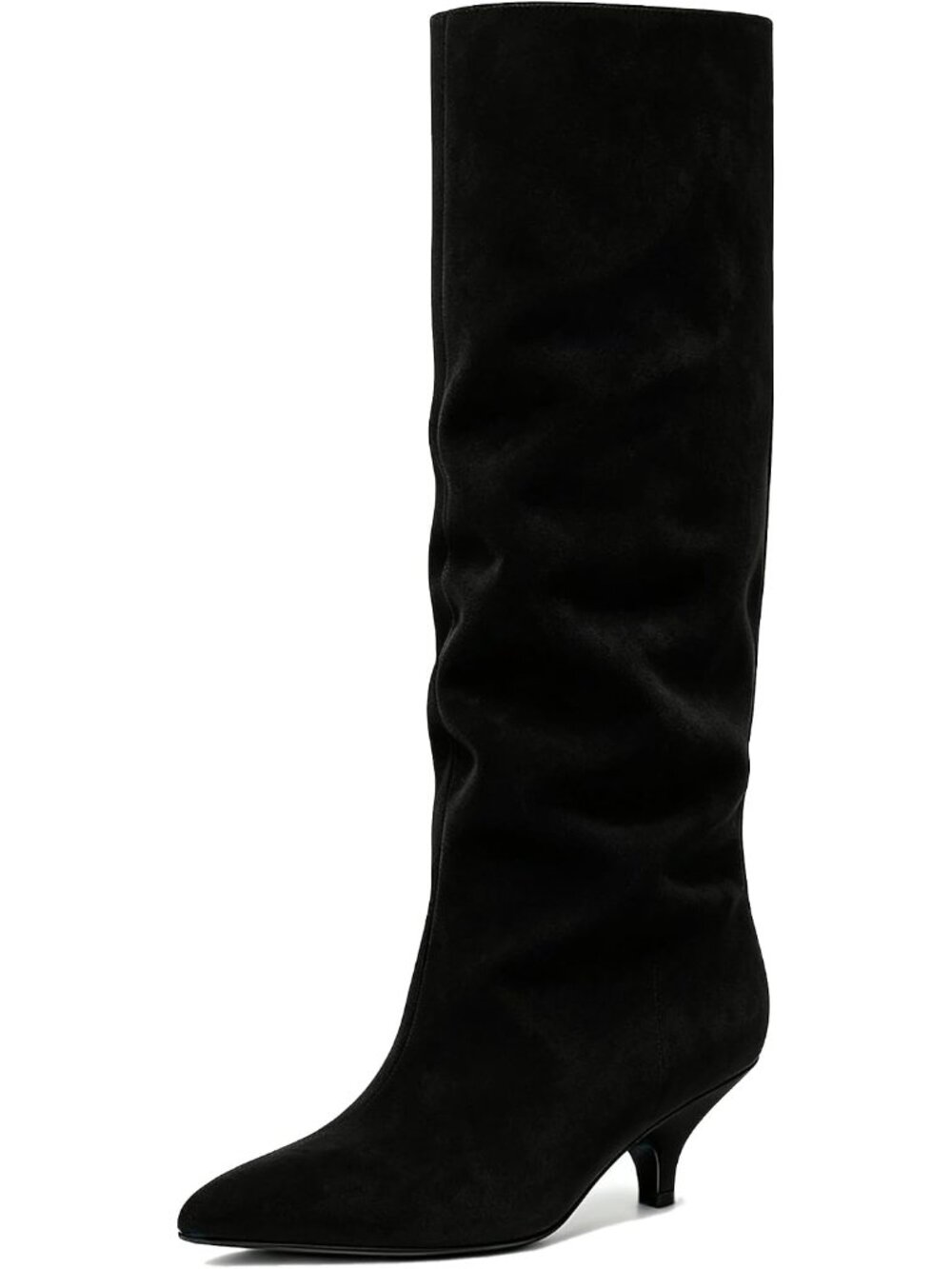Women Black Suede Pointed-Toe Fold Over Wide Calf Low Kitten Knee-High Boot